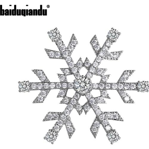 Baiduqiandu Brand New Arrival White Gold Zircon Snowflake Brooch Pins for Women Dress Coat Jewelry Accessories