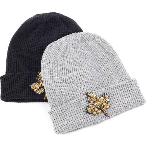 Geebro Women Rhinestones Maple Leaves Knitted Beanies Hats Cotton Wool Stretch Ribbed Skullies Caps Female Soft Warmer Bonnets