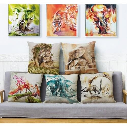 Oil Painting Watercolor Animal Elephant Cushion Cover Linen 45*45cm Pillow Case Pillow Cover Decor Tiger Horse Pillowcase
