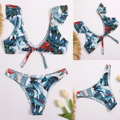 Classic Summer Ladies Leisure Sexy Elegant Color Contrast Leaf Print Bikini Swimsuit Сексуальный купальник бикини Encanto