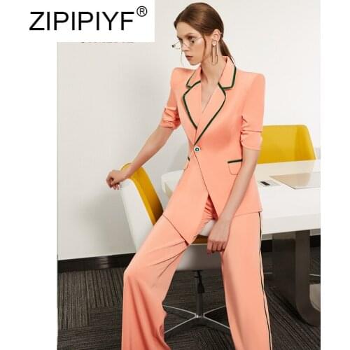 OL Professional Suit Sets Shoulder Pads Short Sleeves Single Button Asymmetric Blazer +Wide Leg Pants Two Pieces Sets C1764