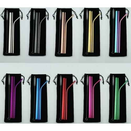 Reusable Stainless Steel Straw Set Straight Bent Straw Cleaning Brush 5PCS Metal Smoothies Drinking Straws Set SN1374