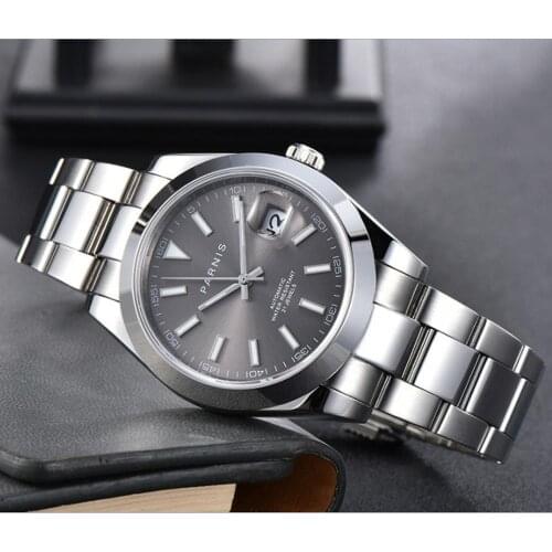 PARNIS 40mm gray dial 21 jewels Automatic Self-Wind mechanical movement mens watch sapphire glass Mechanical watches GR106-2