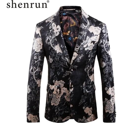 Shenrun Men Blazer Jackets Slim Autumn Winter Fashion Digital Print High Quality Velvet Casual Blazers Stage Costume Singer Host