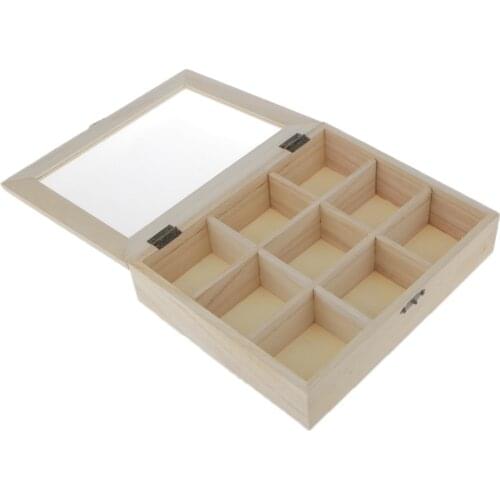 Unfinished Unpainted Plain Wooden Jewlry Box 9 Grids Keepsake Gift storage 9 grids with glass cover