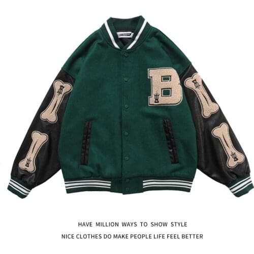 New Arrival Bone Embroid PU leather Sleeve Mens Baseball Bomber Jacket Unisex Womens Boyfriend Style Varsity letter Coat