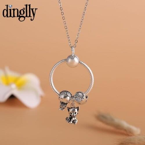 Dinglly Cartoon Animal Dog Pendant Necklace Silver Color Girls Beads Charm Necklace Women Girl Kids Childrens Birthday Gifts