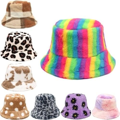 Female Autumn Winter Faux Rabbit Fur Stripe Leopard Daisy Dot Print Fluffy Panama Bucket Hats Warm Furry Fisherman Cap