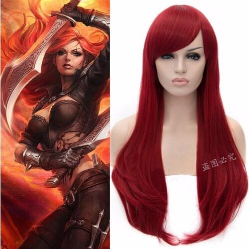 League of Legends LOL Katarina Cosplay Wig Katarina Du Couteau 70cm Long Dark Red Culy Synthetic Hair Wigs Free Shipping
