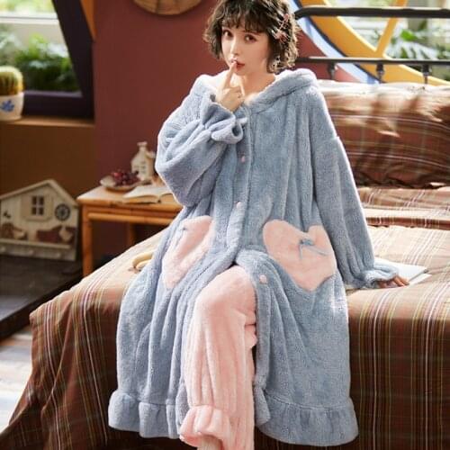 Pajama Set Winter Women Long Sleeve Hooded Flannel Nightgowns Girls Night Dress Sleepwear Cute Princess Coral Fleece Pyjamas Pjs