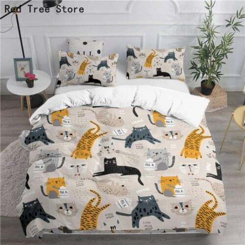 Cute Cats Cartoon Bedding Set 2/3pcs Duvet Cover Pillow Case Queen King Size Microfiber Comforter Kids Baby Adult Bedclothes
