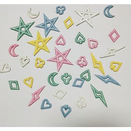 Self-adhesive 10pcs Star Moon Heart Poker Card Logo Embroidered Patches for Clothing Iron on Clothes Hollow Out Appliques Stripe
