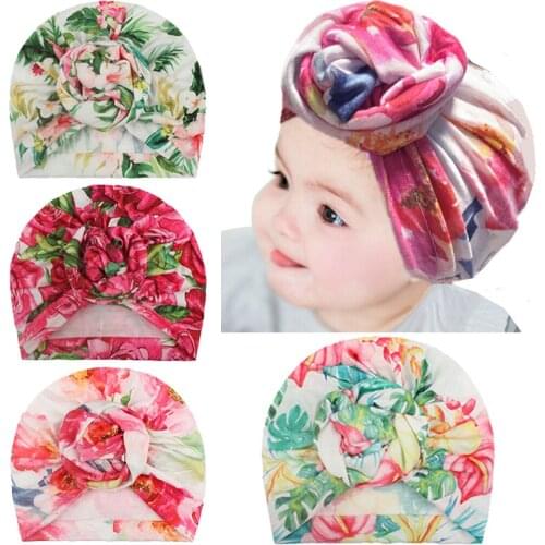 Nishine New Knot Printed Flower Hedging Hat Newborn Infant Toddler Caps Turban Baby Girls Beanie Headwear Hair Accessories