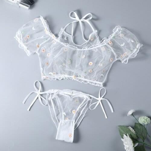 Brand New Women Sexy Lace Floral Lingerie Set Ladies Short Sleeve Mesh See-through Top+Panty Sexy Sleepwear Set