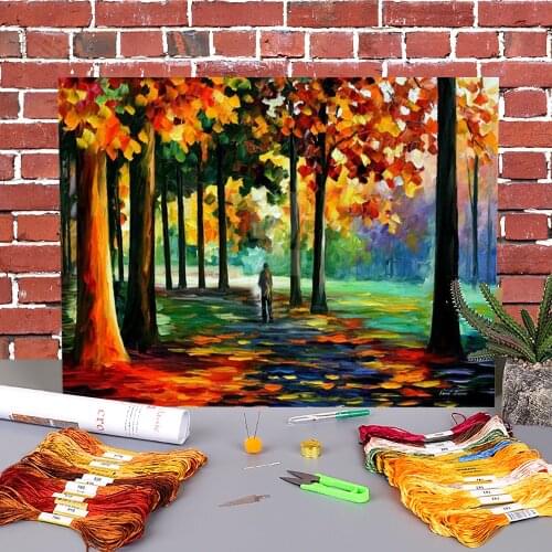 Orange Forest Printed Fabric 11CT Cross-Stitch DIY Embroidery Complete Kit DMC Threads Sewing Handmade Craft Painting Mulina