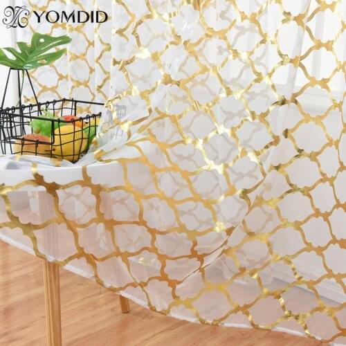 YOMDID Hot stamping curtains tulle for living room vertical curtains gold silver geometric printed tulle home decor cortinas