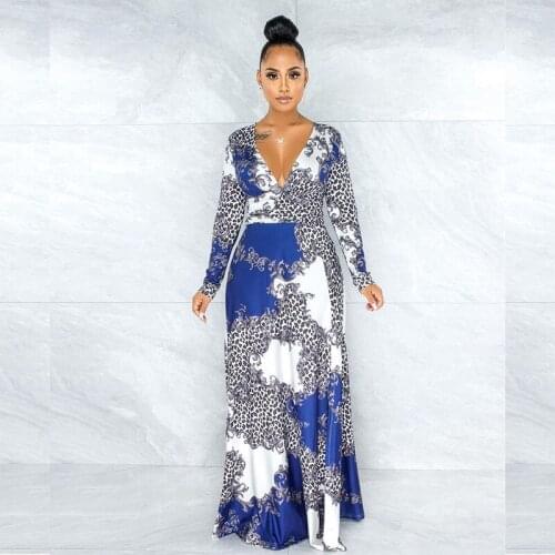 Women Print Dress Sexy V Neck Long Sleeves Side Split Maxi Long Dresses Lady Fashion Plus Size Beach Vacation Sundress Vestido