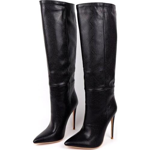 Brand Design 2020 New Women Knee High Boots Fashion Pointed Toe Boots Slip on Ladies Thin Heel Shoes Winter Boots Black Brown