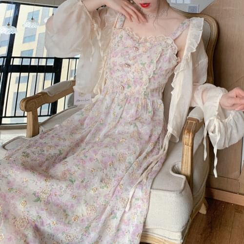 Spaghetti Strap Dress Women Ruffles Fairy Floral Embroidery Vintage Dress for Women 2021 Summer Korean Sexy Party Beach Dresses
