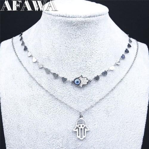 2PCS Hamsa Hand Islam Muslim Stainless Steel Crystal Turkey Eye Necklaces Women Silver Color Necklace Jewelry colgante N9175S01