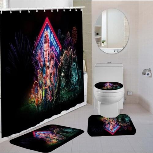 3/4 Pieces Stranger Thing Movie Shower Curtains Sets Carpet Toilet Mat Bathroom 3D Printing Bathroom Non-slip Waterproof Set
