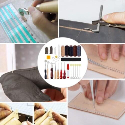 31 Pcs Leather Craft Hand Stitching Tools Awl Thimble Waxed Thread for Leather Working Projects Saddle Groover Punch Needle Tool
