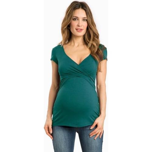 4# Summer Maternity Tees Women Solid Pregnant Nursing Baby For Maternity Multifunctionl T-shirt Pregnant Tees V-neck T-shirt