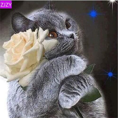 5D Diamond Painting Rose Gray Cat Cross Stitch Mosaic Diamond Embroidery Needle Pattern Rhinestone Painting Home Decoration 677
