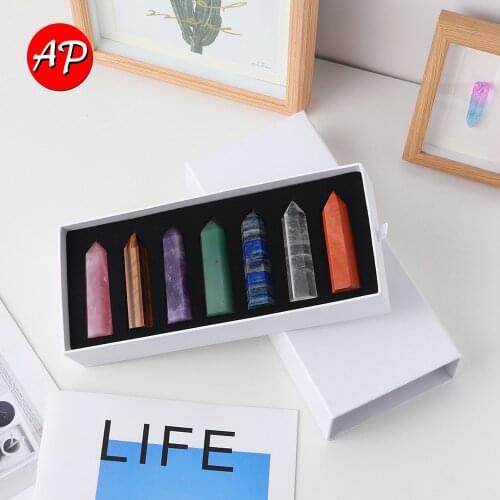 7pcs Natural Quartz Seven Color Gemstone Square Stele Seven Chakra Crystal Column Energy Point Yoga Divination Wand Decorate