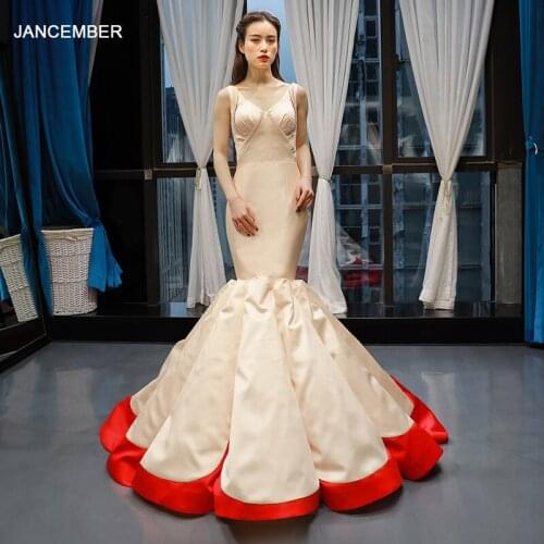 J66788 jancember satin mermaid evening dresses long v-neck sleeveless prom party dresses floor length abiti da cerimonia da sera
