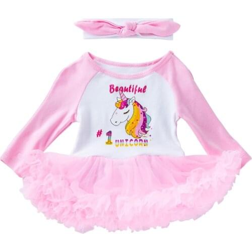 Infant Party Dress Pink Long Sleeve Newborn Unicorn Dress For Baby Girl Romper Newborn With Headband Baby Clothing