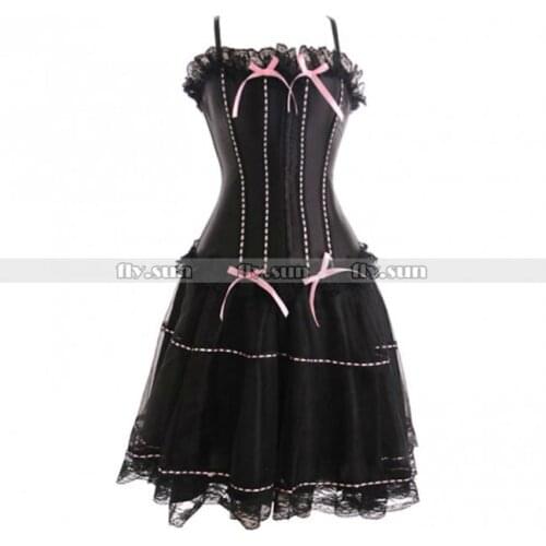 Black Overbust Corset with Skirt Hook & Eye Basque Lace up Bustier Sexy Party Shapewear S M L XL 2XL