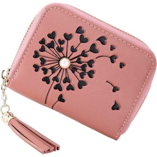 Simple PU Leather Zipper Multifunction Mini Short Ladies Wallet Tassel Love Heart Dandelion Print Wallet New