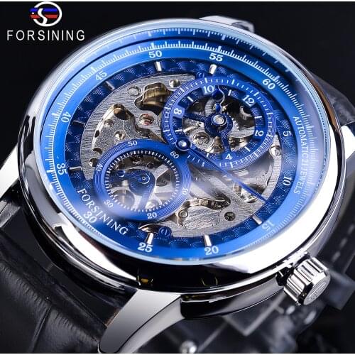 Forsining Blue Skeleton Dial Automatic Watch Waterproof Black Genuine Leather Top Brand Luxury Casual Business Mechanical Watch