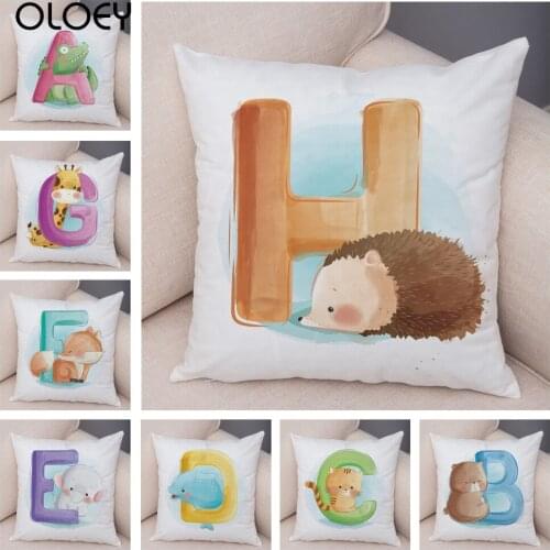 Cute Cartoon Animal Cushion Cover for Children Room Water Color English Letter Print Pillow Case Short Plush Pillowcase 45x45cm