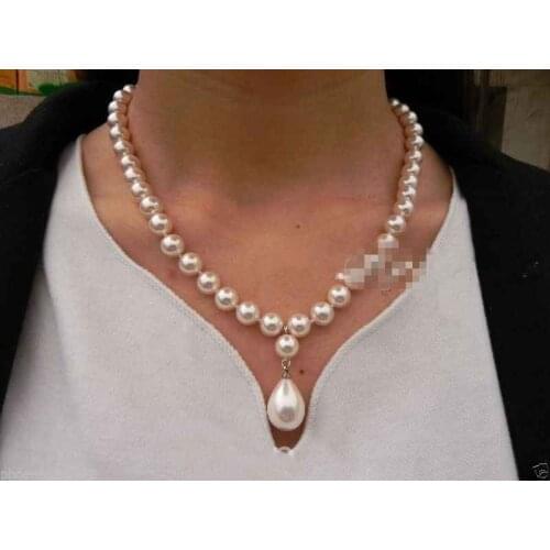 Fashion 8mm White South Sea Shell Pearl 12X16mm Drop Pendant Necklace 18"