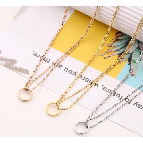 Fashion Simple Circle Pendant Necklace for Women Titanium steel Rose Gold color girls collarbone chain necklace