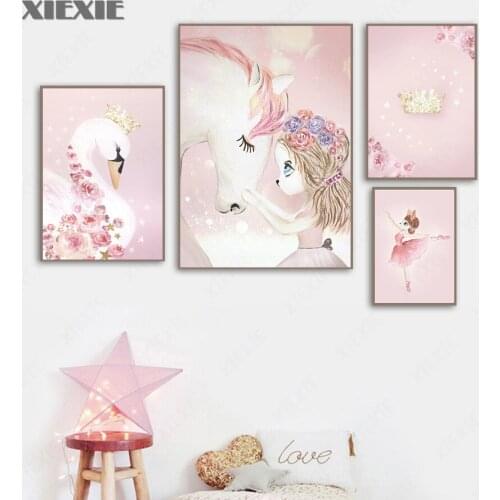 Cartoon Girl Unicorn Swan Horse Flower Crown Wall Art Canvas Painting Nordic Posters and Prints Wall Pictures Kids Room Decor