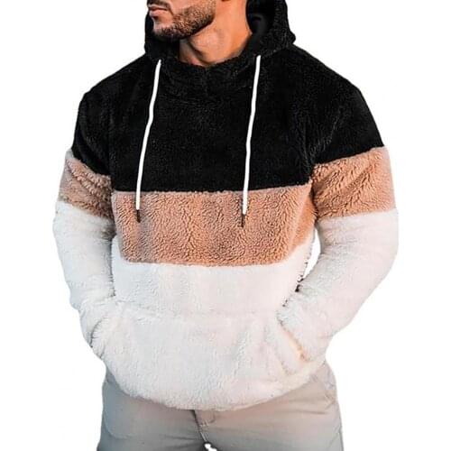 Men Double Sided Plush Hoodie Color Block Drawstring Long Sleeve Autumn Winter Front Pocket men Warm Sweatshirt Outerwear