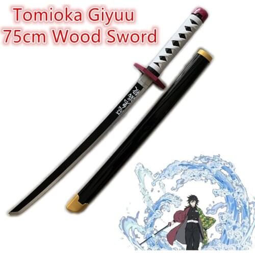 FigureCrazy 1:1 Demon Slayer Sword Weapon Cosplay Tomioka Giyuu Black Purple Sowrd Ninja Knife Wood Prop Model Toy 75cm