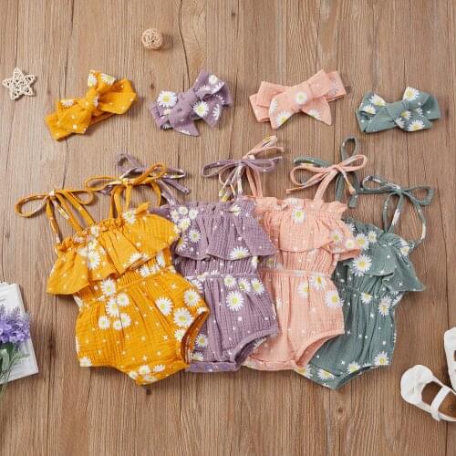 Newborn Infant Baby Girls Boys Suspender Bodysuits Headband Flowers Print Ruffles Short Sleeve Backless Jumpsuits 4 Colors