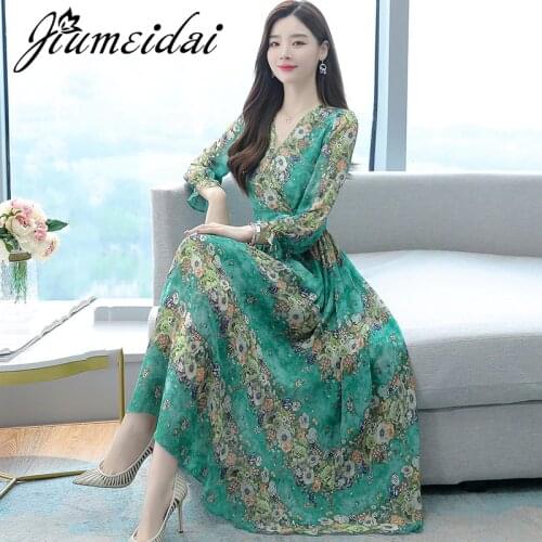 JiuMeiDai 2021 Women Autumn Elegant A-Line Dress Office Lady V-Neck Print Robe Femme Vintage Designer Party Clothing Vestidos