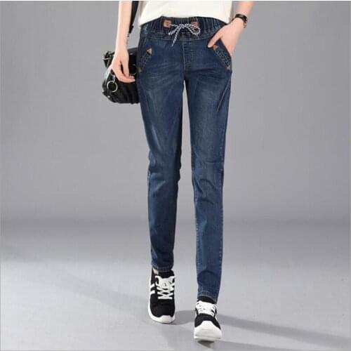 Autumn Plus Size Elastic Waist Womens Jeans High Waist Lace Up Ankle Length Harem Pants Woman Patches Scratched Stretch Denim