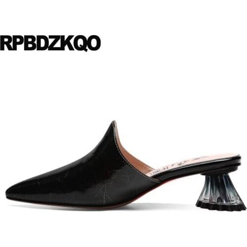 Pointed toe mules slipper medium heels 11 43 2019 patent leather pumps 10 42 women plus size high chunky ladies yellow shoes