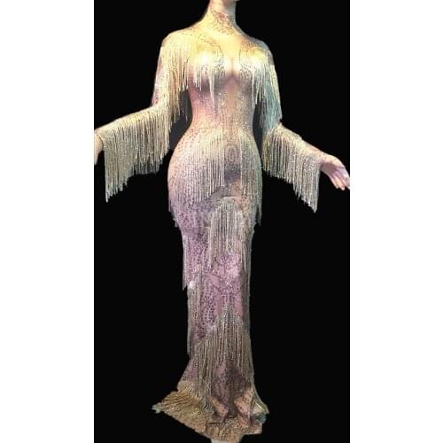 Champagne Gold Rhinestones Fringes Dress Stage Wear Big Stretch Dress Singer Evening Performance Tassel Long Dress