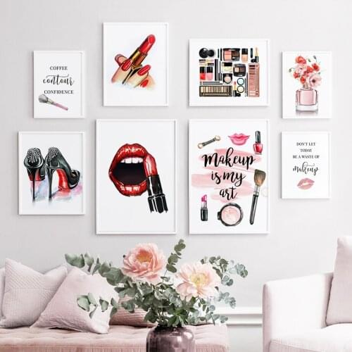 Lipstick Perfume Brush High Heels Flowers Wall Art Canvas Painting Nordic Posters And Prints Wall Pictures For Living Room Decor