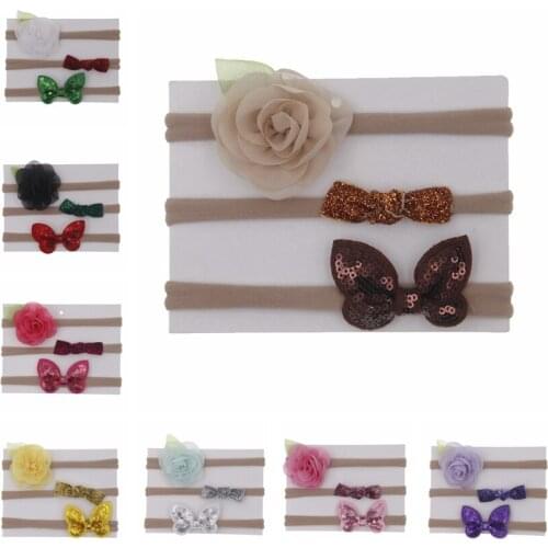 Nishine 3pcs/lot Baby Girls Hairbands Rose Flowers Sequin Bows Kids Infant Headbands Children Girl Hair Accessories Gift Set