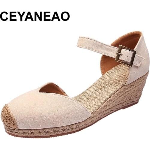 CEYANEAO Woman Summer Sexy Wedge Sandals Platform Ladies High Heels Shoes Women Fashion Straw Buckle Open Toe Casual Female