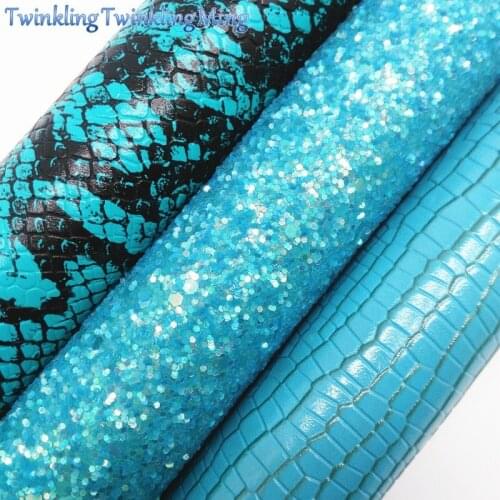BLUE Glitter Fabric, Snake Faux Leather Fabric, Crocodile Synthetic Leather For Bows A4 8"x11" Twinkling Ming XM160