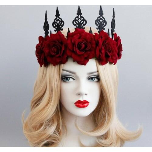 Vintage Gothic Roses Crown Ribbon Tie Holloween Headbands Cosplay Accessory
